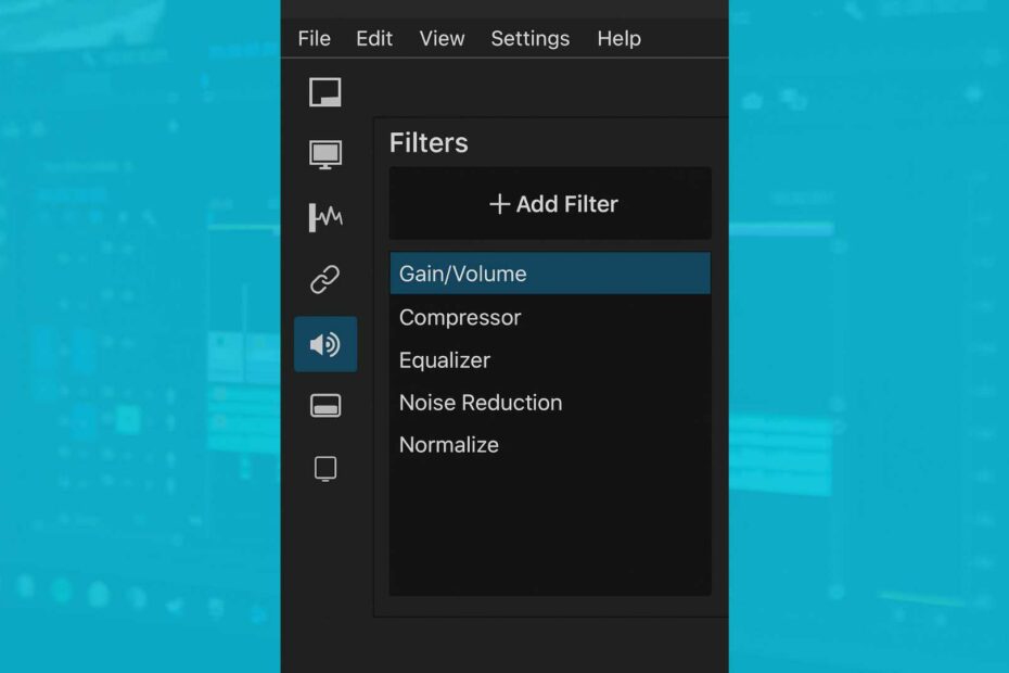 Image illustrant la fonction filtre du logiciel shotcut avec à l'intérieur les filtres : Gain/Volume, Compressor, Equalizer, Noise reductor, Normalize