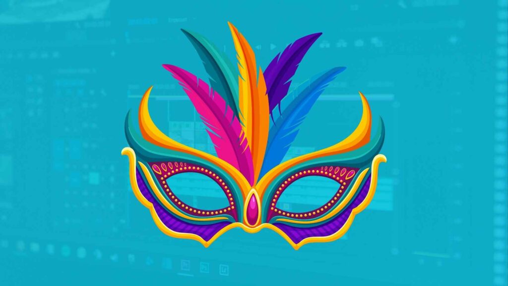 Image représentant un masque de carnaval avec en arrière plan une interface de montage vdiéo fondu dans du bleu turquoise