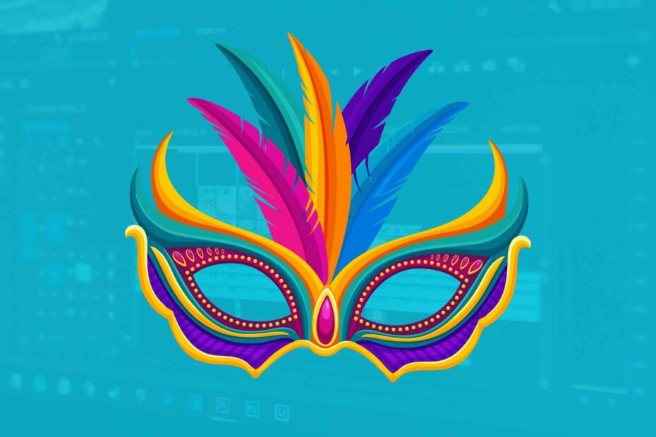 Image représentant un masque de carnaval avec en arrière plan une interface de montage vdiéo fondu dans du bleu turquoise