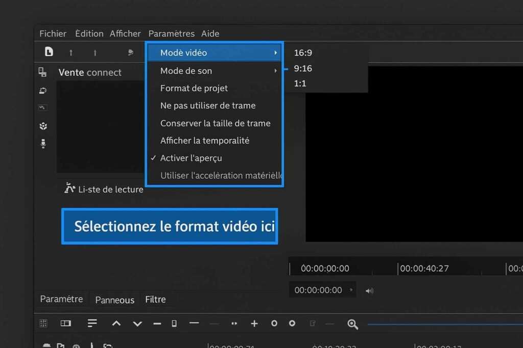 Capture d'écran de Shotcut avec la nivigation des paramètre ouvert et le mode d'affichage selectionné