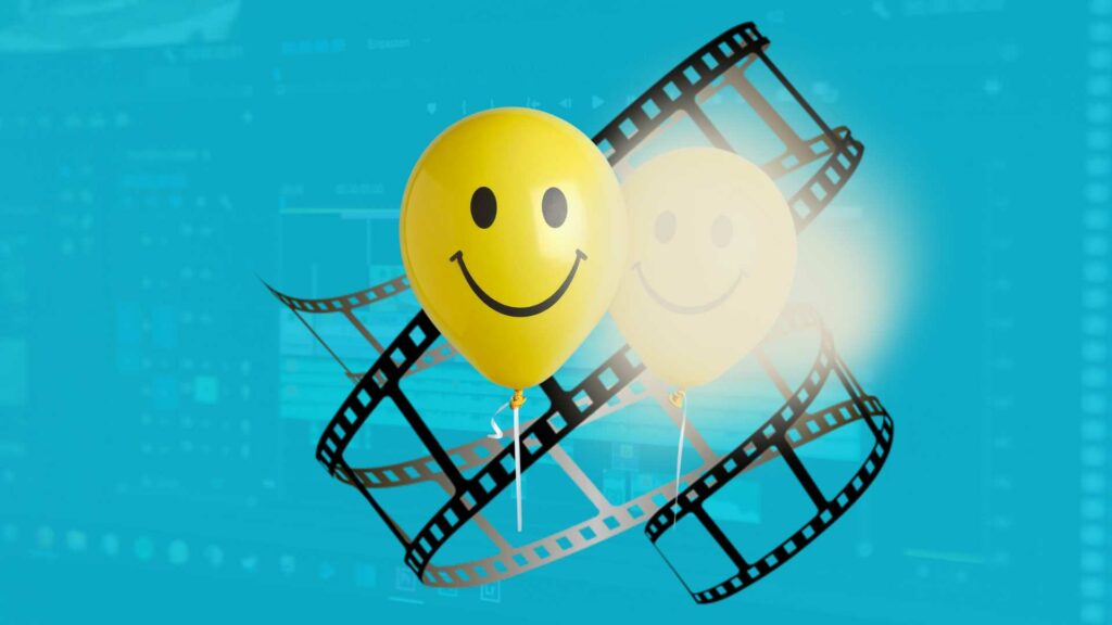 Image représentant 2 ballons en forme de visage souriant avec l'un flouté, et juste derrière une bobine de cinéma au centre de l'image et en arrière plan une interface de logiciel de montage vidéo fondu dans du bleu turquoise