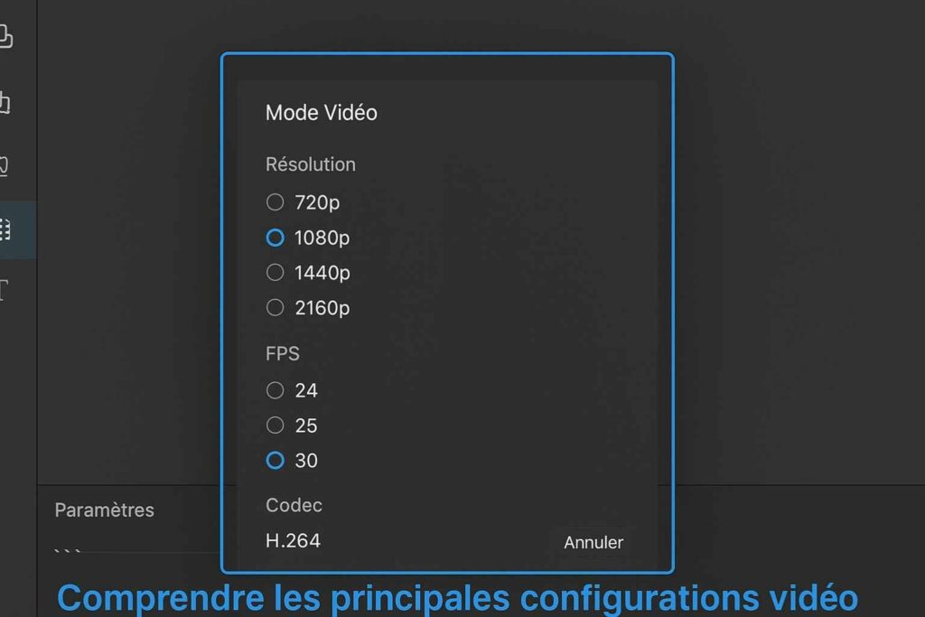 Capture d'écran de shotcut représentant les paramètre de résolution vidéo : résolution, FPS et Codec