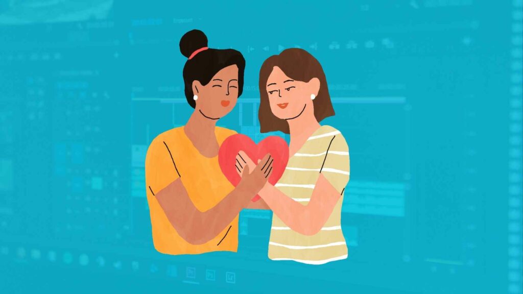 Image représentant deux personne se prenant la main avec une illustration de coeur au milieu, mettant en avant le partage authentique dans la création de landing page. En arrière plan une interface de logiciel de montage vidéo fondu dans du bleu turquoise