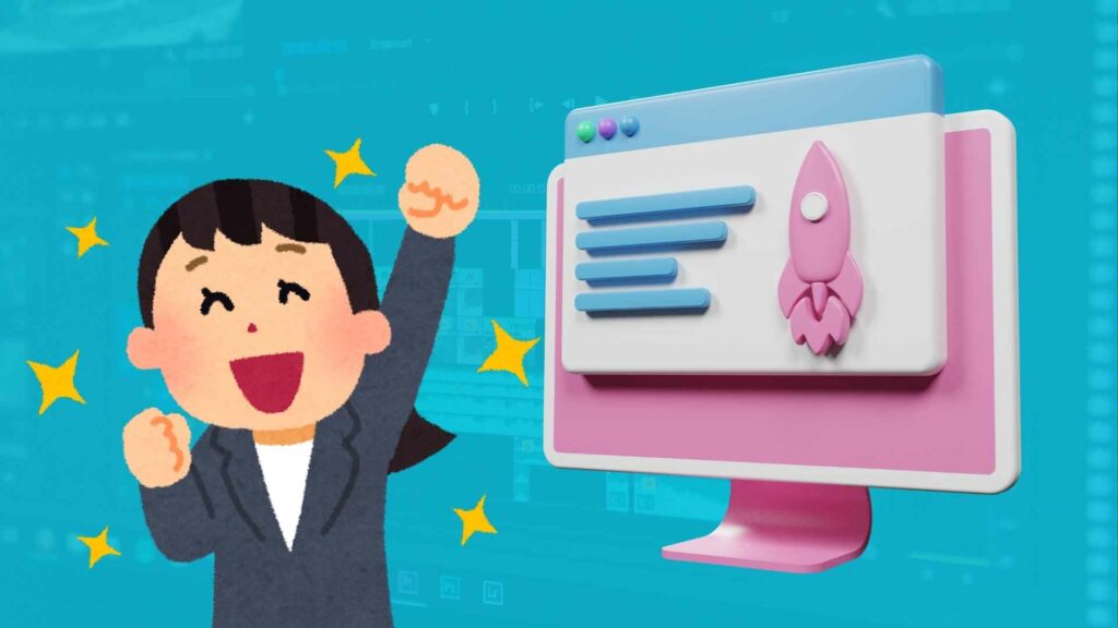 Image avec deux illustration à l'intérieur : une personne joyeuse à gauche avec des étoiles autour et à droite une landing page avec un texte à côté d'une fusée. Cette illustration met en avant l'idée de landing page basé sur la joie et non sur la peur. En arrière plan une interface de montage vidéo fondu dans du bleu turquoise