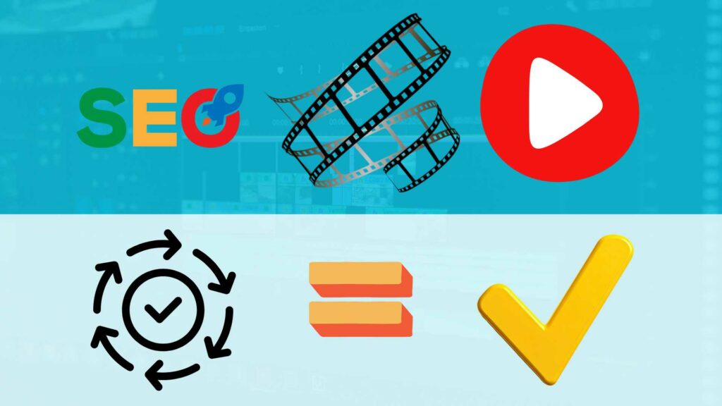 Illustration sur fond bleu turquoise représentant la cohérence d'une chaine sur YouTube comme élément important pour être répertorié par You Tube : un logo YouTube en haut à droite, une pellicule de cinéma au centre et une illustration de l'idée de cohérence (roue avec flèche et check au milieu) à coté d'une illustration check (siginifiant apprécié par You Tube) avec un égal entre les deux