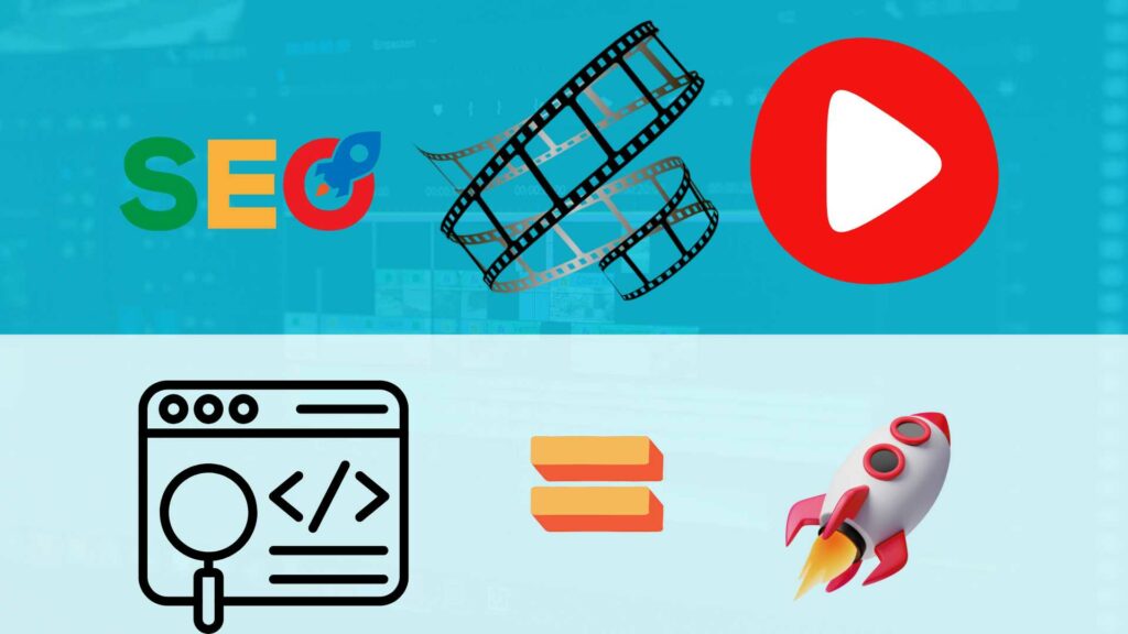 Illustration sur fond bleu turquoise représentant le concept de la description YouTube comme élément clé du référencement : un logo YouTube en haut à droite, une pellicule de cinéma au centre et  une illustration de description à coté d'une fusée avec un égal entre les deux