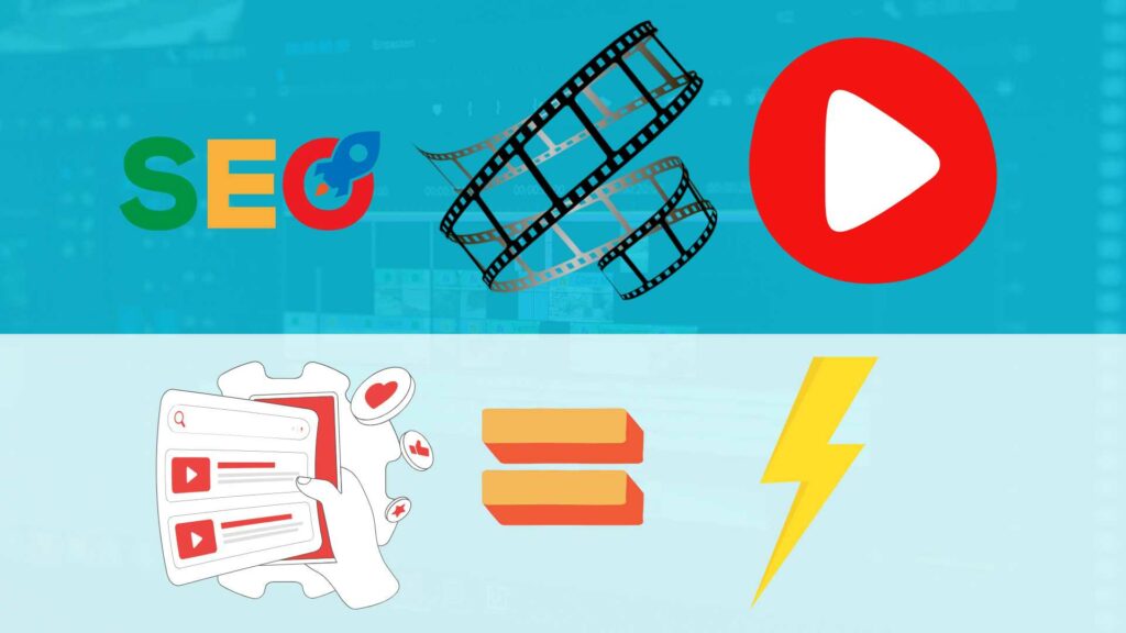 Illustration sur fond bleu turquoise représentant les vignette sur YouTube comme élément clé pour attirer l'œil sur votre vidéo: un logo YouTube en haut à droite, une pellicule de cinéma au centre et une illustration de vignette à coté d'une illustration d'un éclair avec un égal entre les deux