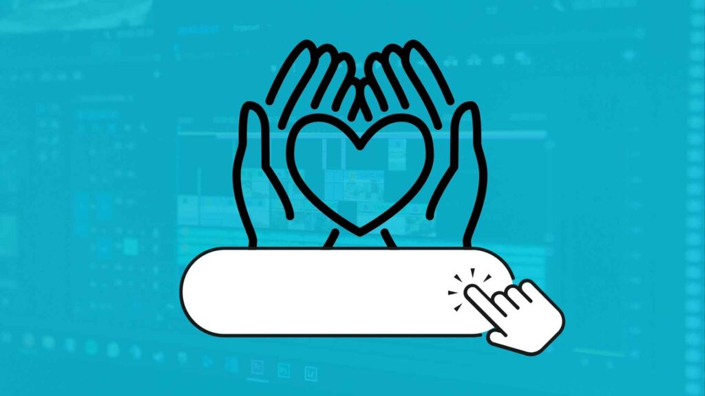 Image représentant un cadeau avec des main ouverte et un coeur à l'intérieur et en dessous une barre de recherche avec une main qui clique dessus, qui symbolise l'appel à l'action bienveillante. En arrière plan une interface de logiciel de montage vidéo fondu dans du bleu turquoise