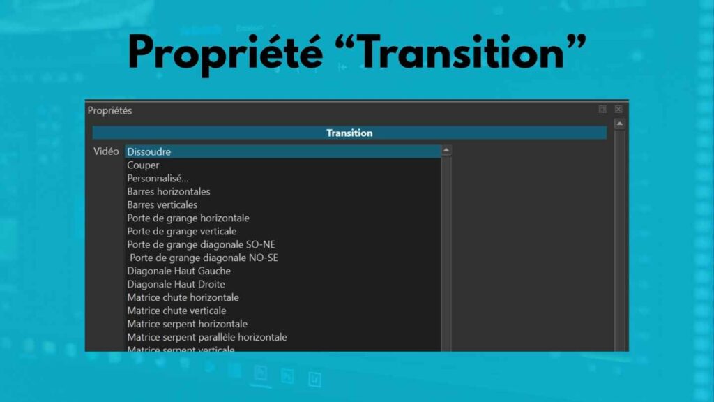 Image montrant l'interface shotcut : la fonction propriété - transition - pour un fondu croisé. Au dessus est écrit le titre Propiété "Transition" et en arrière plan une interface de montage vidéo fondu dans du bleu turquoise