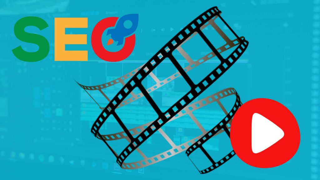 Illustration représentant le concept de SEO vidéo : un logo SEO avec une fusée en haut à gauche, un logo YouTube en bas à droite et une pellicule de cinéma au centre, sur un fond bleu turquoise rappelant une interface de montage vidéo.
