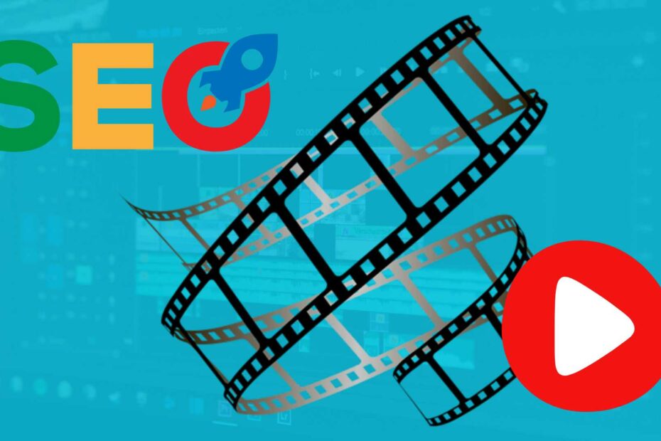 Illustration représentant le concept de SEO vidéo : un logo SEO avec une fusée en haut à gauche, un logo YouTube en bas à droite et une pellicule de cinéma au centre, sur un fond bleu turquoise rappelant une interface de montage vidéo.