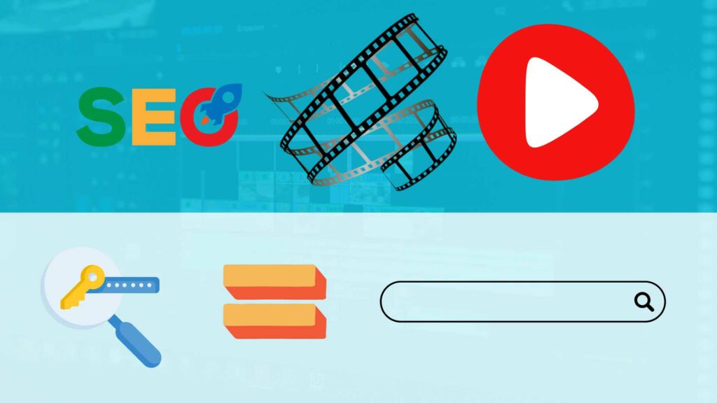 Illustration sur fond bleu turquoise représentant les tags et les mots clé sur YouTube comme élément important du référencement : un logo YouTube en haut à droite, une pellicule de cinéma au centre et une illustration mots clés à coté d'une fenêtre de chat (moteur de recherche) avec un égal entre les deux