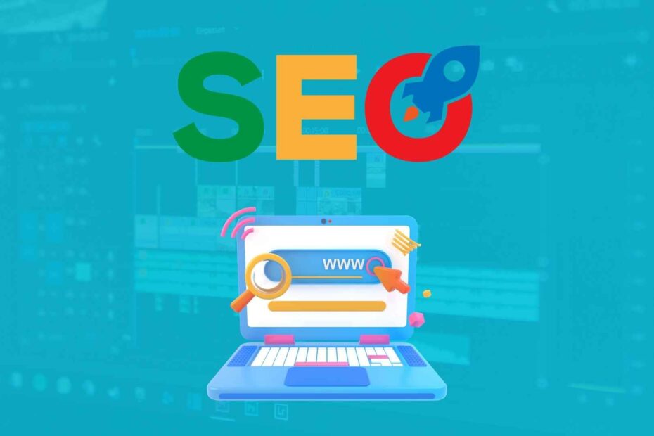 Image montrant un sigle SEO avec une illustration d'un ordinateur portable en dessous avec affiché sur l'écran un moteur de recherche. En arrière plan une interface de logiciel de montage vidéo fondu dans du bleu turquoise