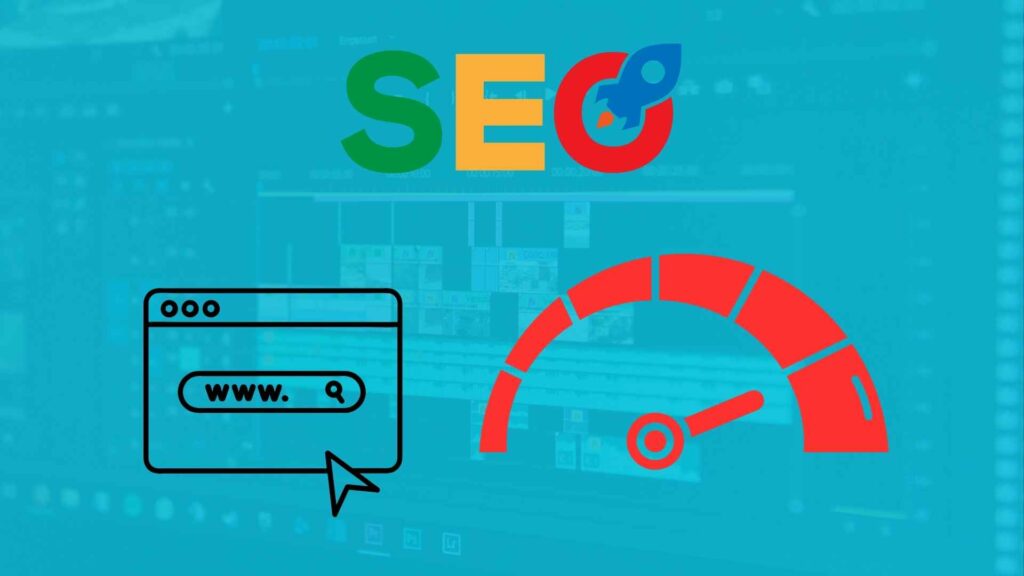 Image avec le cigle SEO en haut au centre, en dessous à gauche l'illustration d'un moteur de recherche et en bas à droite l'illustration d'un compteur avec la flêche indiquant la vitesse maximum. En arrière plan, une interface de logiciel de montage vidéo fondu dans du bleu turquoise
