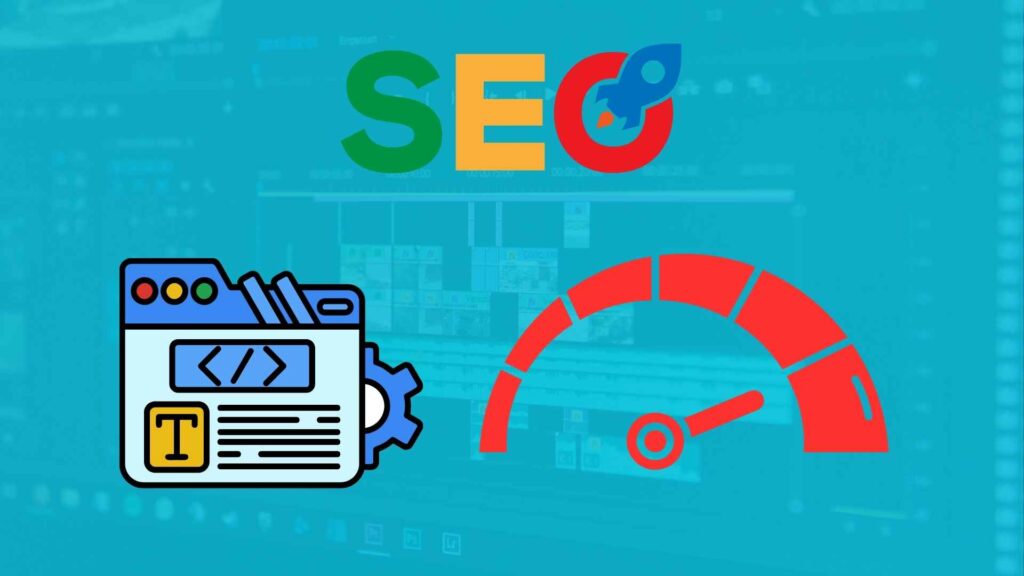 Image avec en haut le cigle SEO, en dessous à droite, une image illustrant un éditeur de page web et en bas à droite un compteur avec le flèche indiquant la vitesse maximum. En arrière plan, une interface de logiciel de montage vidéo fondu dans du bleu turquoise